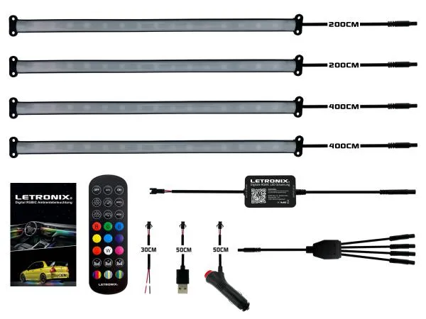 LETRONIX RGB Full LED Rainbow Fußraumbeleuchtung 4er Set 25cm RGBIC LED-Leisten