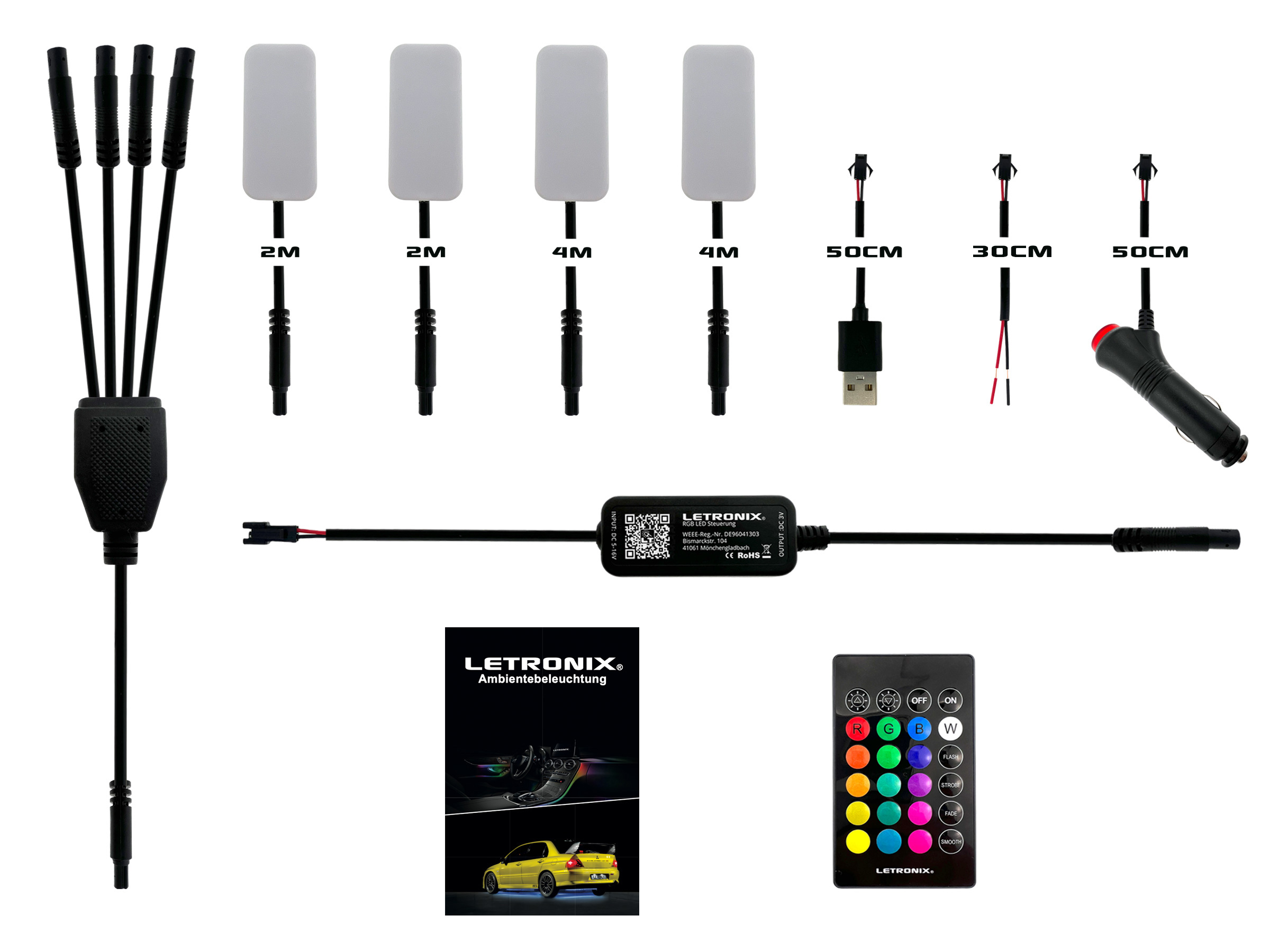LETRONIX RGB Full LED Rainbow Fußraumbeleuchtung 4er Set 25cm RGBIC  LED-Leisten