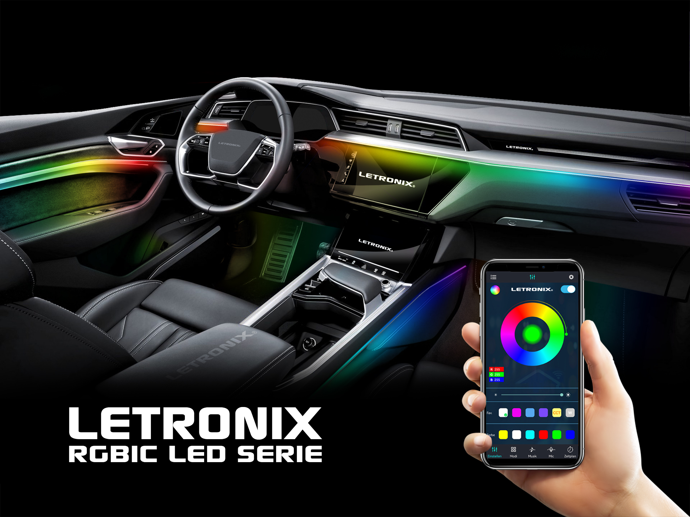 LETRONIX RGBIC Full LED Ambientebeleuchtung Rainbow Armaturenbrett Türen 2 + für