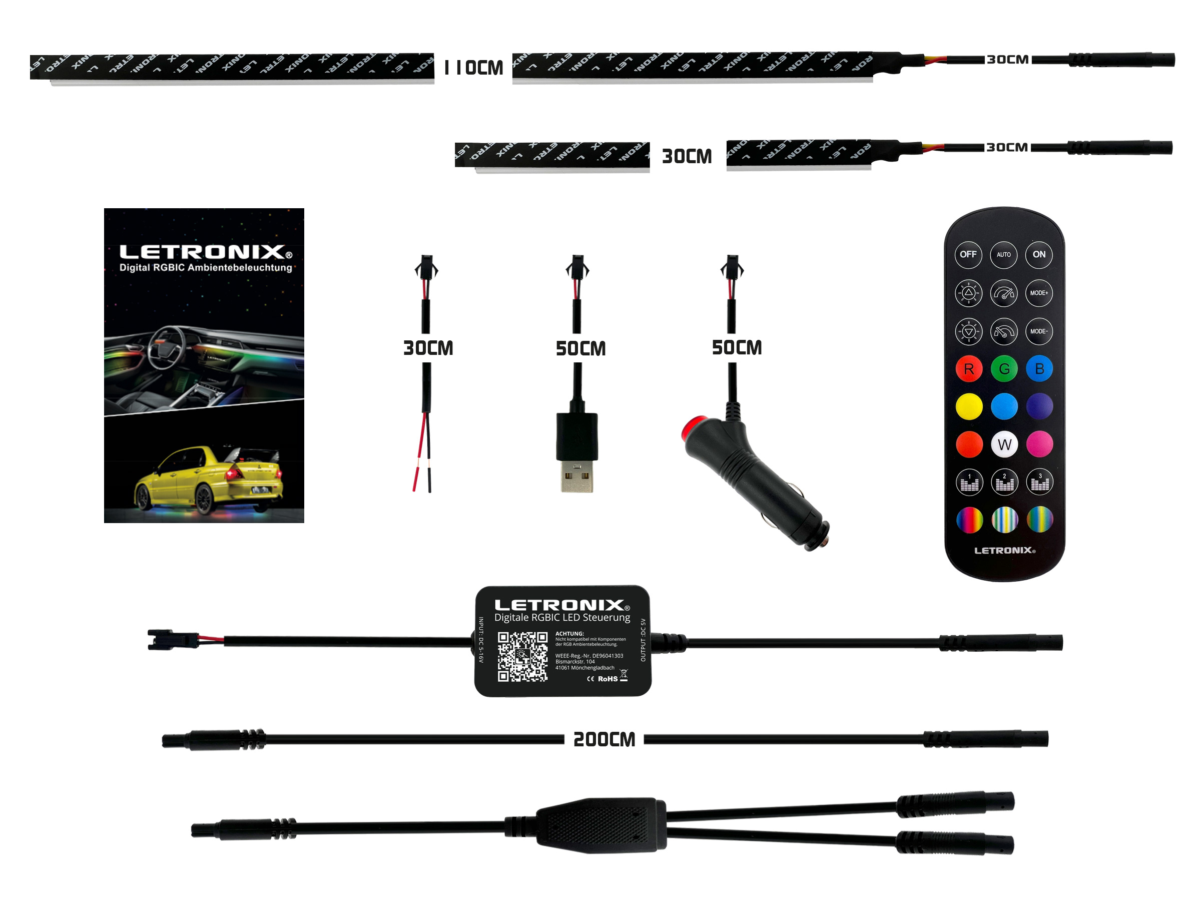 LETRONIX RGB LED Fußraumbeleuchtung Module 2er Set mit Bluetooth App  Steuerung