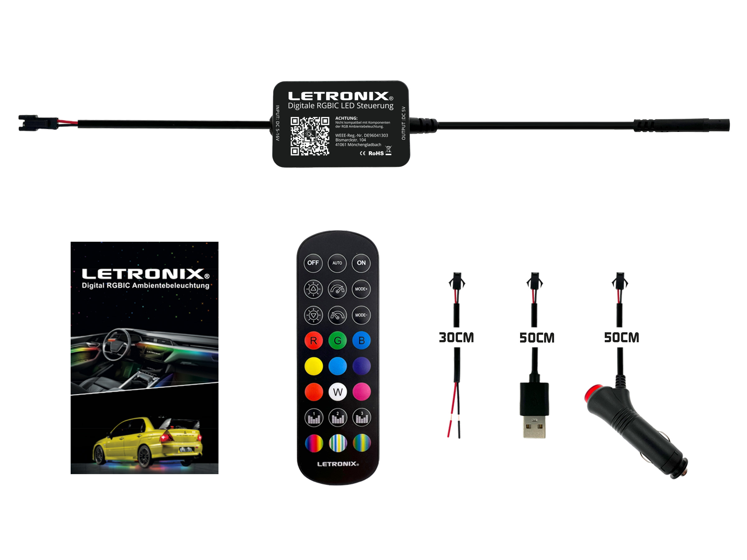 LETRONIX RGBIC LED Controller + Zubehör + Fernbedienung für RGBIC Full LED  Ambientebeleuchtung