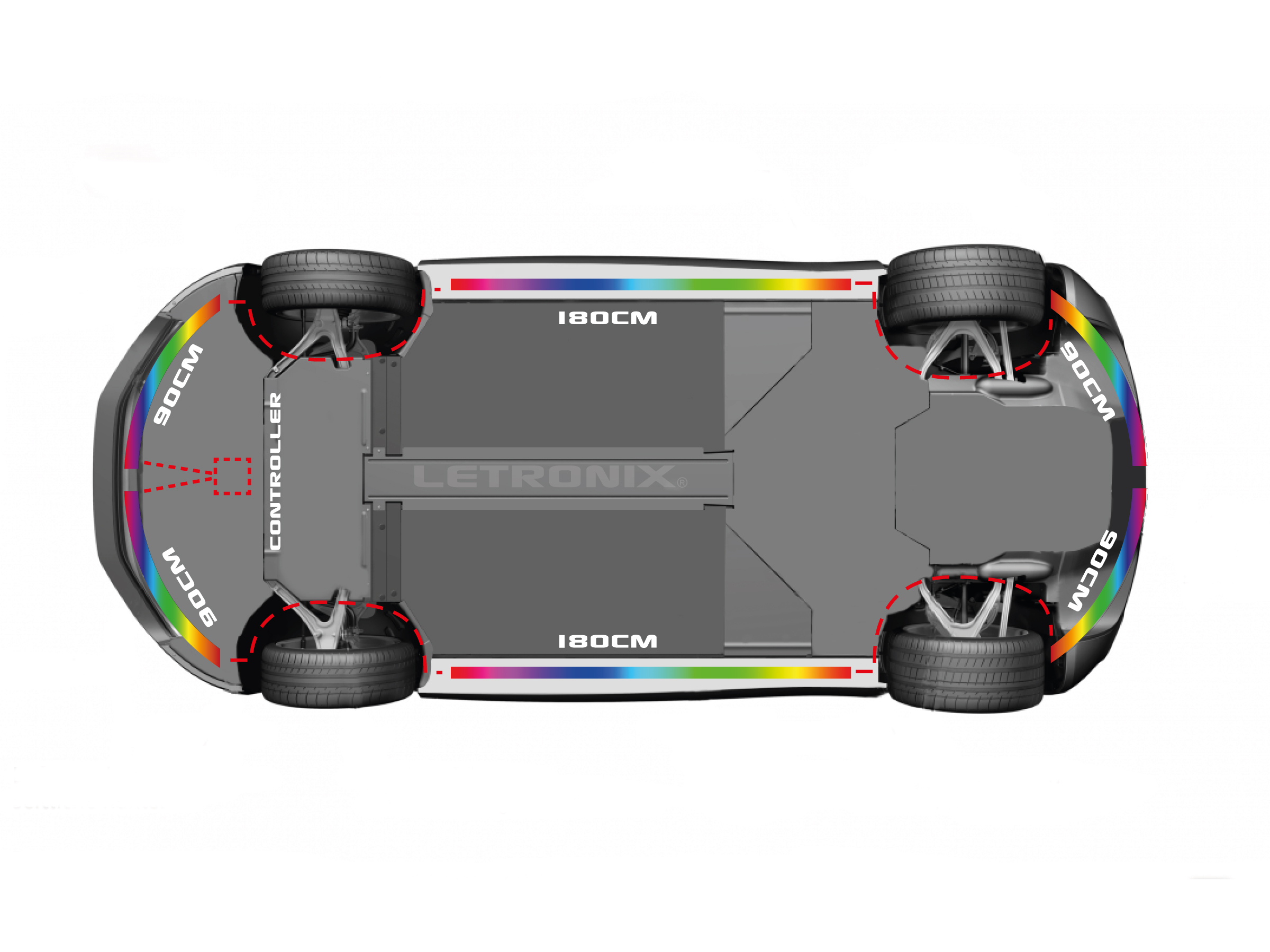 LETRONIX Rainbow RGB RGBIC LED Unterbodenbeleuchtung 2.0 (2x 90cm+180cm+90cm )