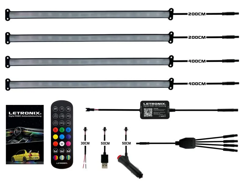 LETRONIX RGB Full LED Rainbow Fußraumbeleuchtung 4er Set 25cm RGBIC LED-Leisten