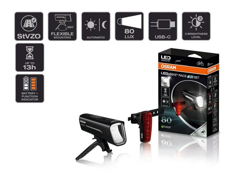 OSRAM LEDsBIKE® RACE 80 Set 80 Lux LED Fahrradlampen Fahrradlicht Front & Rücklicht